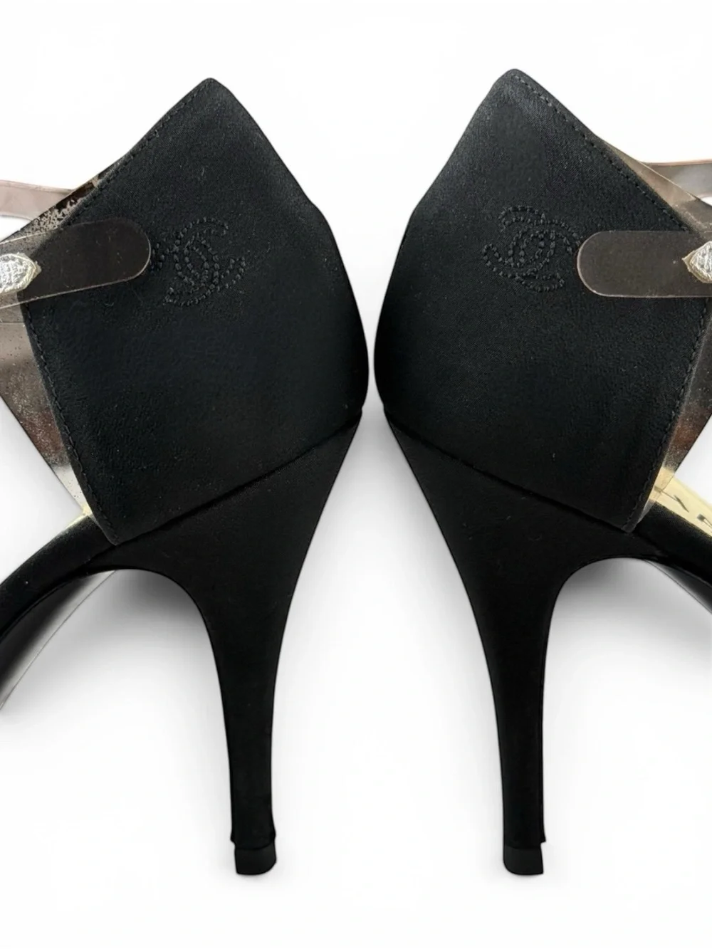 Chanel Black Fabric & Clear PVC Pointed-Toe Heels – Size 37.5